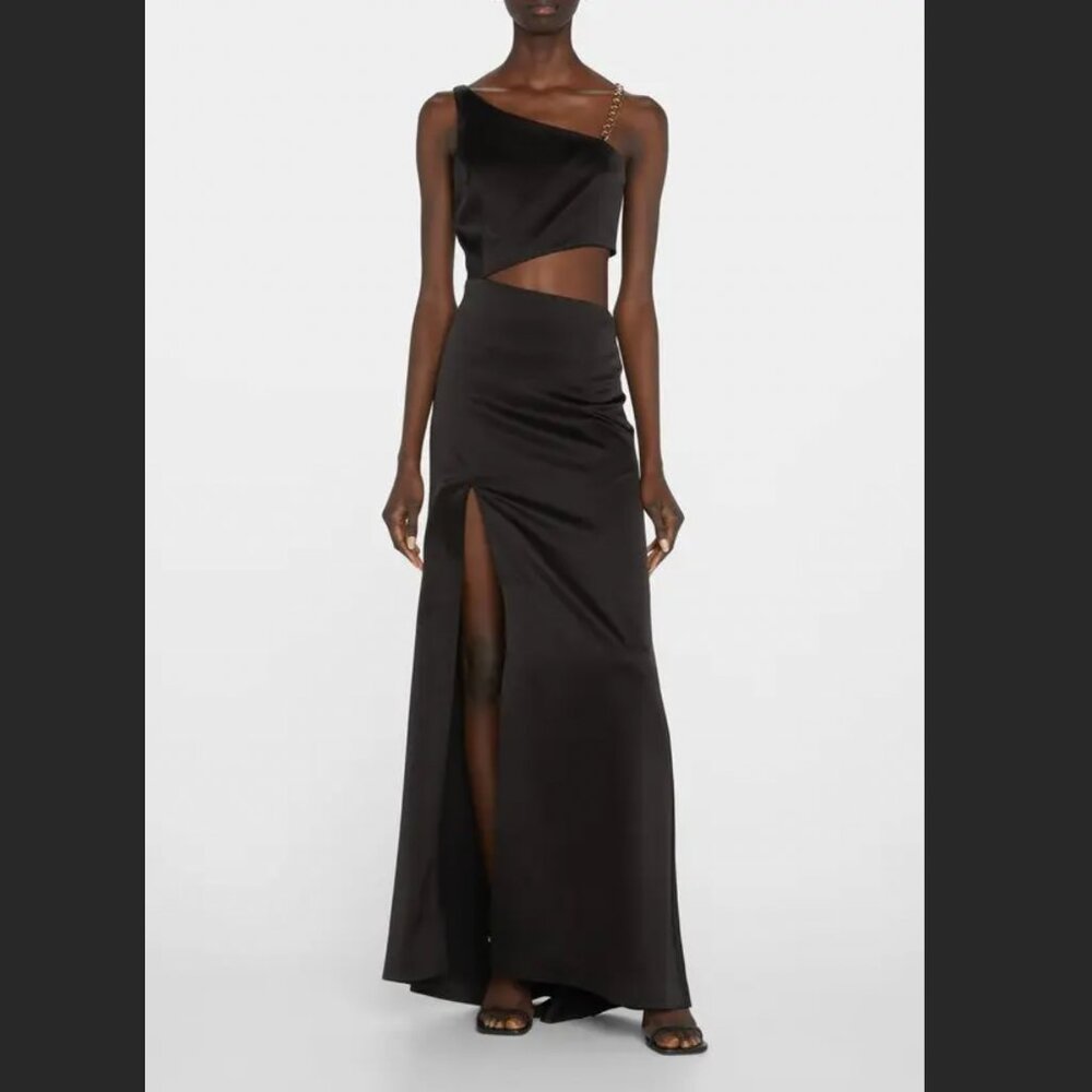 Alice + Olivia "Karoline" Satin One-shoulder Cut-out Chain Strap Gown In Black